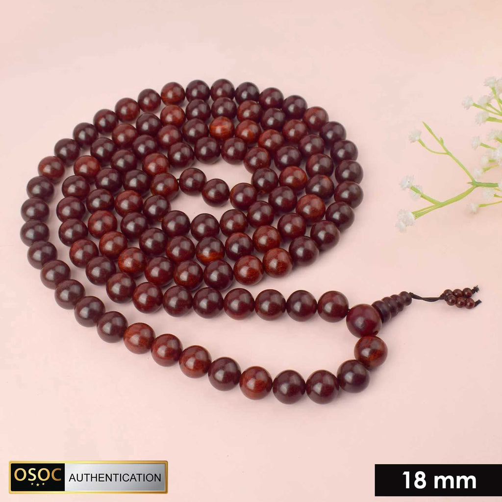 Certified 18mm 100% authentic pure red sandalwood Jap mala from Andhra Pradesh, handcrafted with smooth, polished beads for spiritual and meditative use. India’s Premium Jap Mala Store - www.satvikworld.com