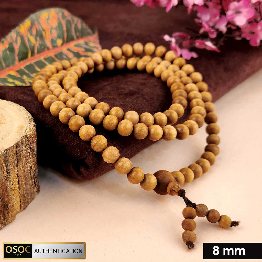 Certified 8mm 100% original authentic Mysore white sandalwood (Chandan) jap mala with smooth round beads, ideal for meditation, chanting, and spiritual rituals. India’s Premium Jap Mala Store - www.satvikworld.com