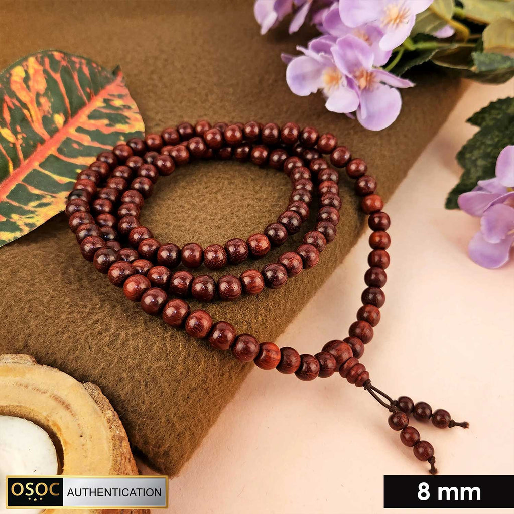Certified 8mm 100% original authentic red sandalwood (Chandan) jap mala from Andhra Pradesh, featuring smooth round beads for meditation and spiritual practices.India’s Premium Jap Mala Store - www.satvikworld.com