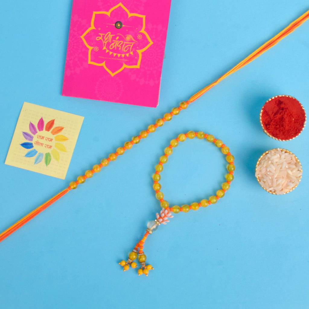 Designer Couple Rakhi Set for Bhaiya and Bhabhi with Roli Chawal and Ram Sita Stickers – Raksha Bandhan Gift Combo. India’s Largest Brass Idols Brand - www.satvikworld.com