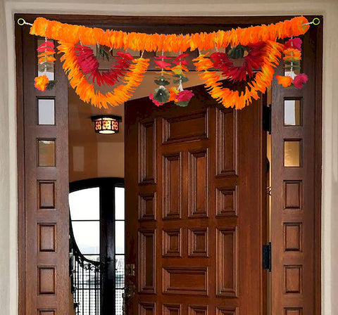 Colorful Artificial Flower Bandarwal Floral Toran (Design-6) featuring vibrant pink, orange, and yellow flowers with green leaves, perfect for festive door decoration and traditional Indian celebrations. India’s Largest Pooja Accessories Brand – www.satvikworld.com
