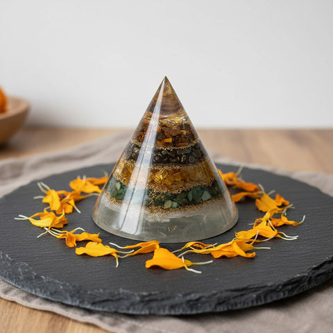 Conical Dhan Yog Pyramid with Selenite Base Spiritual Prosperity Tool