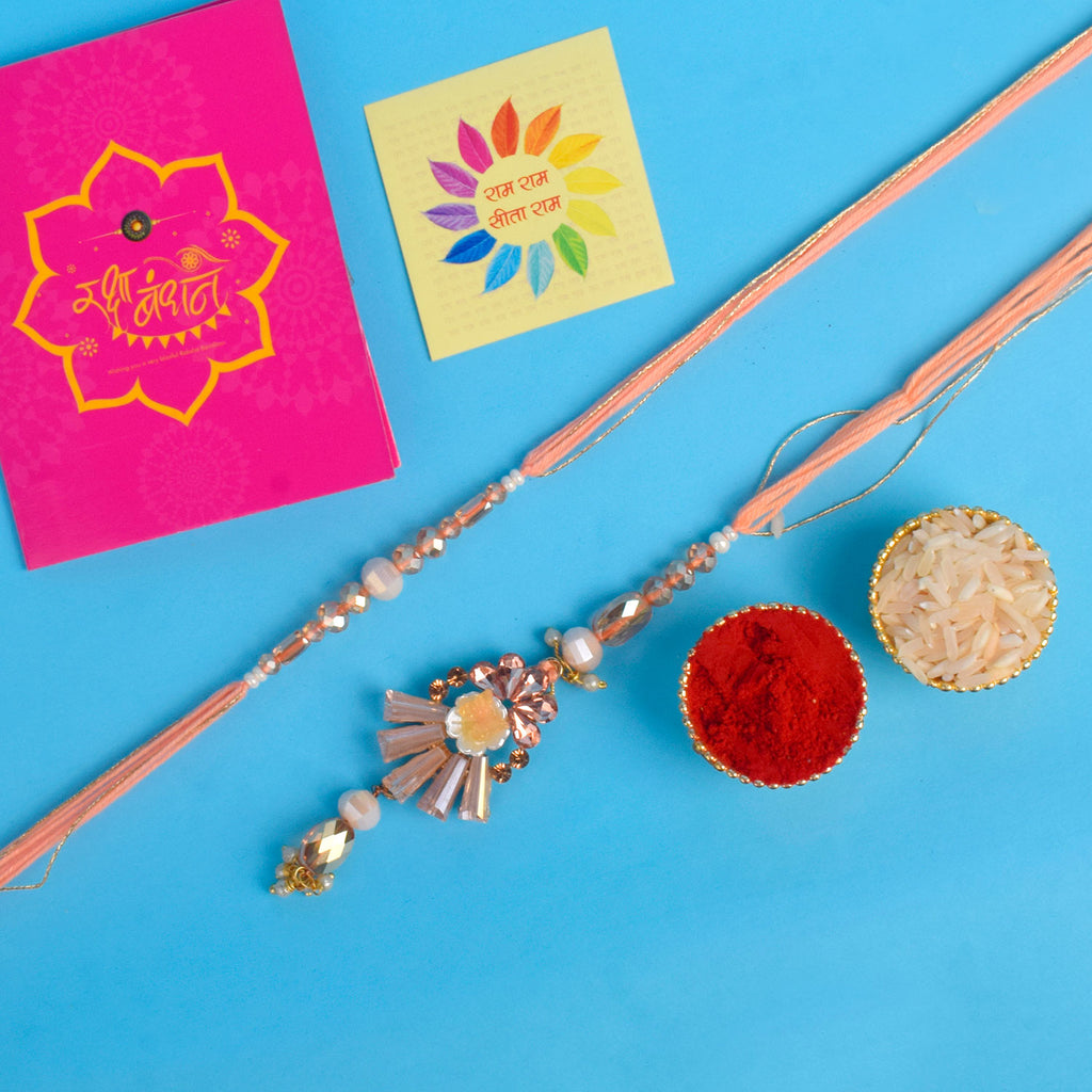 Designer Couple Rakhi Set for Bhaiya and Bhabhi with Roli Chawal and Ram Sita Stickers – Raksha Bandhan Gift Combo. India’s Largest Brass Idols Brand - www.satvikworld.com