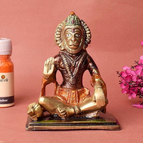 Brass Hanuman idol, beautifully crafted to depict Lord Hanuman in a powerful and divine pose, symbolizing strength, devotion, and protection. Ideal for worship or home décor. India’s Largest Pooja Accessories Brand – www.satvikworld.com