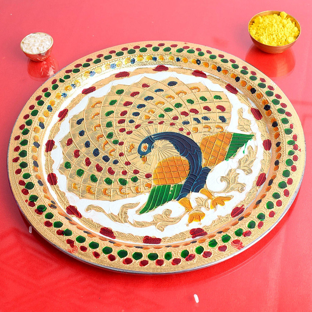 Decorative Stainless Steel Peacock Thali Puja Store Online Pooja Items Online Puja Samagri Pooja Store near me www.satvikworld.com