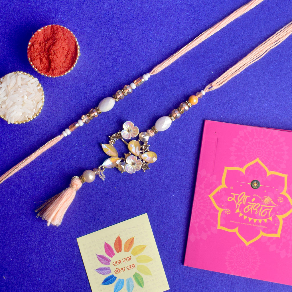 Designer Couple Rakhi Set for Bhaiya and Bhabhi with Roli Chawal and Ram Sita Stickers – Raksha Bandhan Gift Combo. India’s Largest Brass Idols Brand - www.satvikworld.com