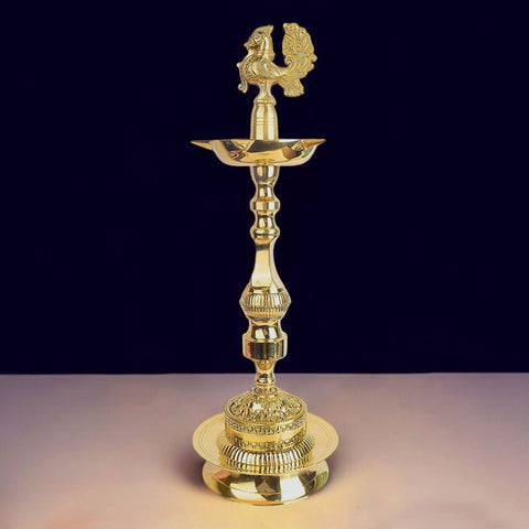 21 Inch Brass Embossed Peacock Kerala Stand 1 Step Diya