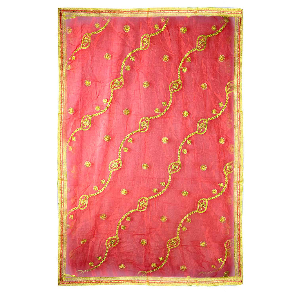 Traditional Pink Pooja Chunri with Golden Embroidered Wavy Chain Motifs – 101x214 cm (39.8x84.3 inches), ideal for Hindu rituals, temple decor, and festive celebrations like Diwali and Navratri in the USA.