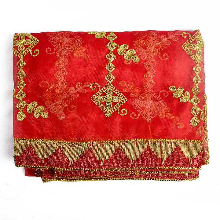 Traditional Pink Pooja Chunri with Golden Embroidered Diamond Chain Motifs – 104x214 cm (40.9x84.3 inches), ideal for Hindu rituals, temple decor, and festive celebrations like Diwali and Navratri in the USA.