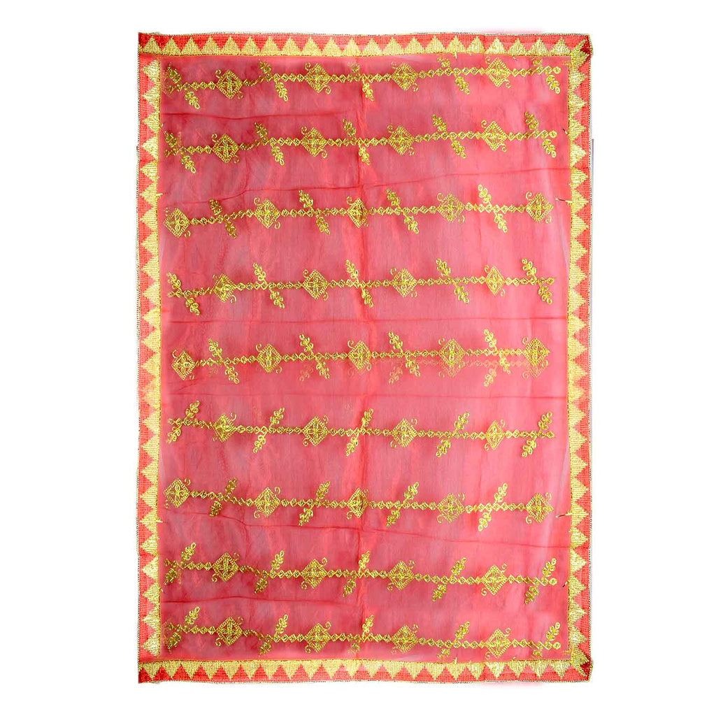 Traditional Pink Pooja Chunri with Golden Embroidered Diamond Chain Motifs – 104x214 cm (40.9x84.3 inches), ideal for Hindu rituals, temple decor, and festive celebrations like Diwali and Navratri in the USA.