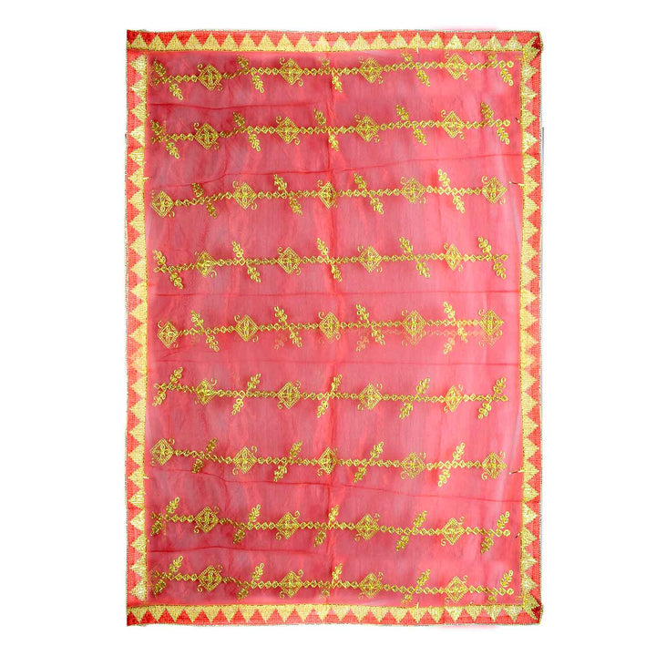 Traditional Pink Pooja Chunri with Golden Embroidered Diamond Chain Motifs – 104x214 cm (40.9x84.3 inches), ideal for Hindu rituals, temple decor, and festive celebrations like Diwali and Navratri in the USA.