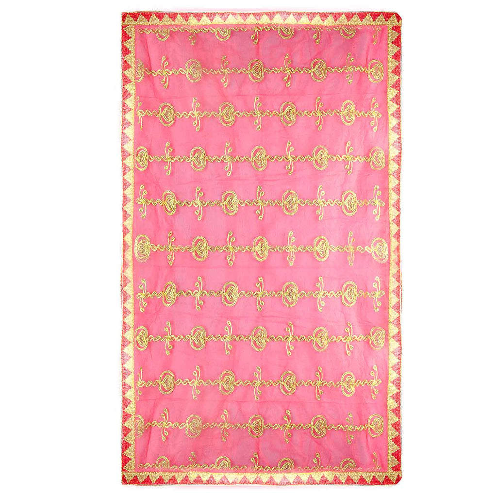 Traditional Pink Pooja Chunri with Golden Embroidery – 100x216 cm (39x85 inches), ideal for Hindu rituals, temple decor, and festive celebrations like Diwali and Navratri in the USA.