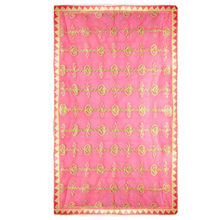 Traditional Pink Pooja Chunri with Golden Embroidery – 100x216 cm (39x85 inches), ideal for Hindu rituals, temple decor, and festive celebrations like Diwali and Navratri in the USA.