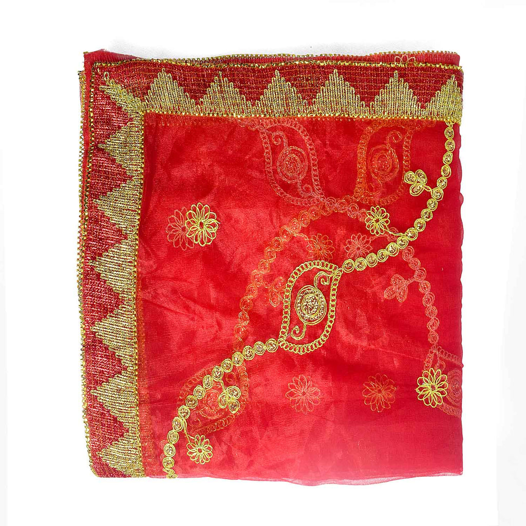 Traditional Pink Pooja Chunri with Golden Embroidered Wavy Chain Motifs – 101x214 cm (39.8x84.3 inches), ideal for Hindu rituals, temple decor, and festive celebrations like Diwali and Navratri in the USA.