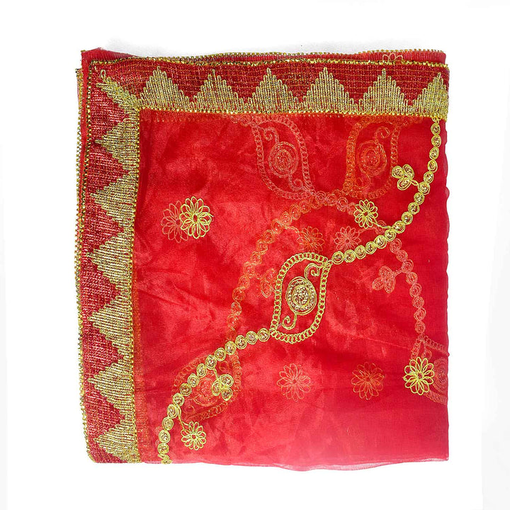 Traditional Pink Pooja Chunri with Golden Embroidered Wavy Chain Motifs – 101x214 cm (39.8x84.3 inches), ideal for Hindu rituals, temple decor, and festive celebrations like Diwali and Navratri in the USA.