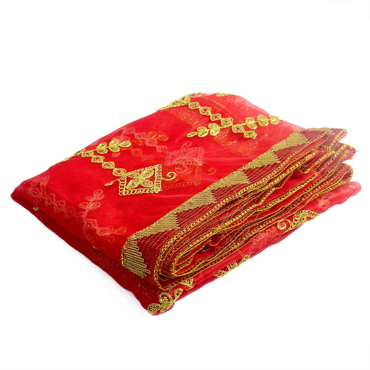 Traditional Pink Pooja Chunri with Golden Embroidered Diamond Chain Motifs – 104x214 cm (40.9x84.3 inches), ideal for Hindu rituals, temple decor, and festive celebrations like Diwali and Navratri in the USA.