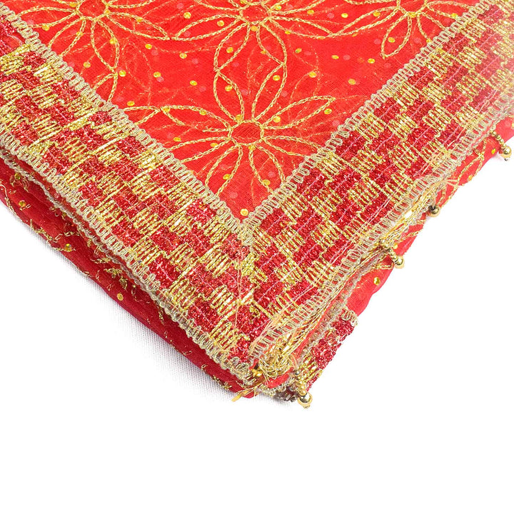 Traditional Pink Pooja Chunri with Golden Floral Starburst Pattern – 108x208 cm (42.5x81.9 inches), ideal for Hindu rituals, temple decor, and festive celebrations like Diwali and Navratri in the USA.