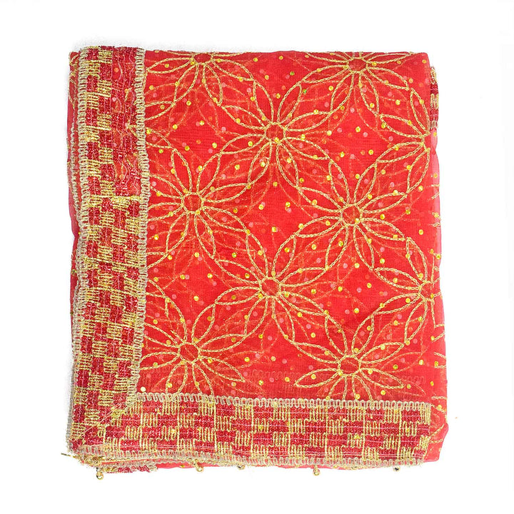 Traditional Pink Pooja Chunri with Golden Floral Starburst Pattern – 108x208 cm (42.5x81.9 inches), ideal for Hindu rituals, temple decor, and festive celebrations like Diwali and Navratri in the USA.