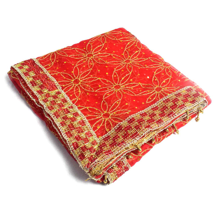 Traditional Pink Pooja Chunri with Golden Floral Starburst Pattern – 108x208 cm (42.5x81.9 inches), ideal for Hindu rituals, temple decor, and festive celebrations like Diwali and Navratri in the USA.