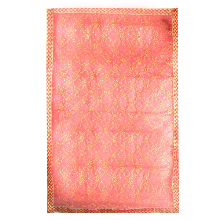 Traditional Pink Pooja Chunri with Golden Floral Starburst Pattern – 108x208 cm (42.5x81.9 inches), ideal for Hindu rituals, temple decor, and festive celebrations like Diwali and Navratri in the USA.