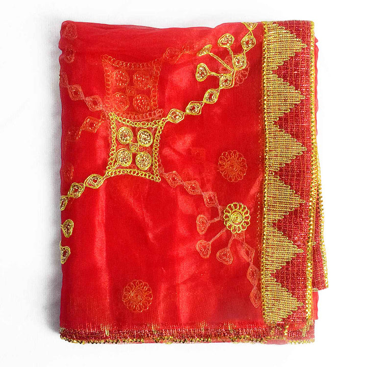 Traditional Pink Pooja Chunri with Golden Embroidered Pattern – 104x218 cm (40.9x85.8 inches), ideal for Hindu rituals, temple decor, and festive celebrations like Diwali and Navratri in the USA.