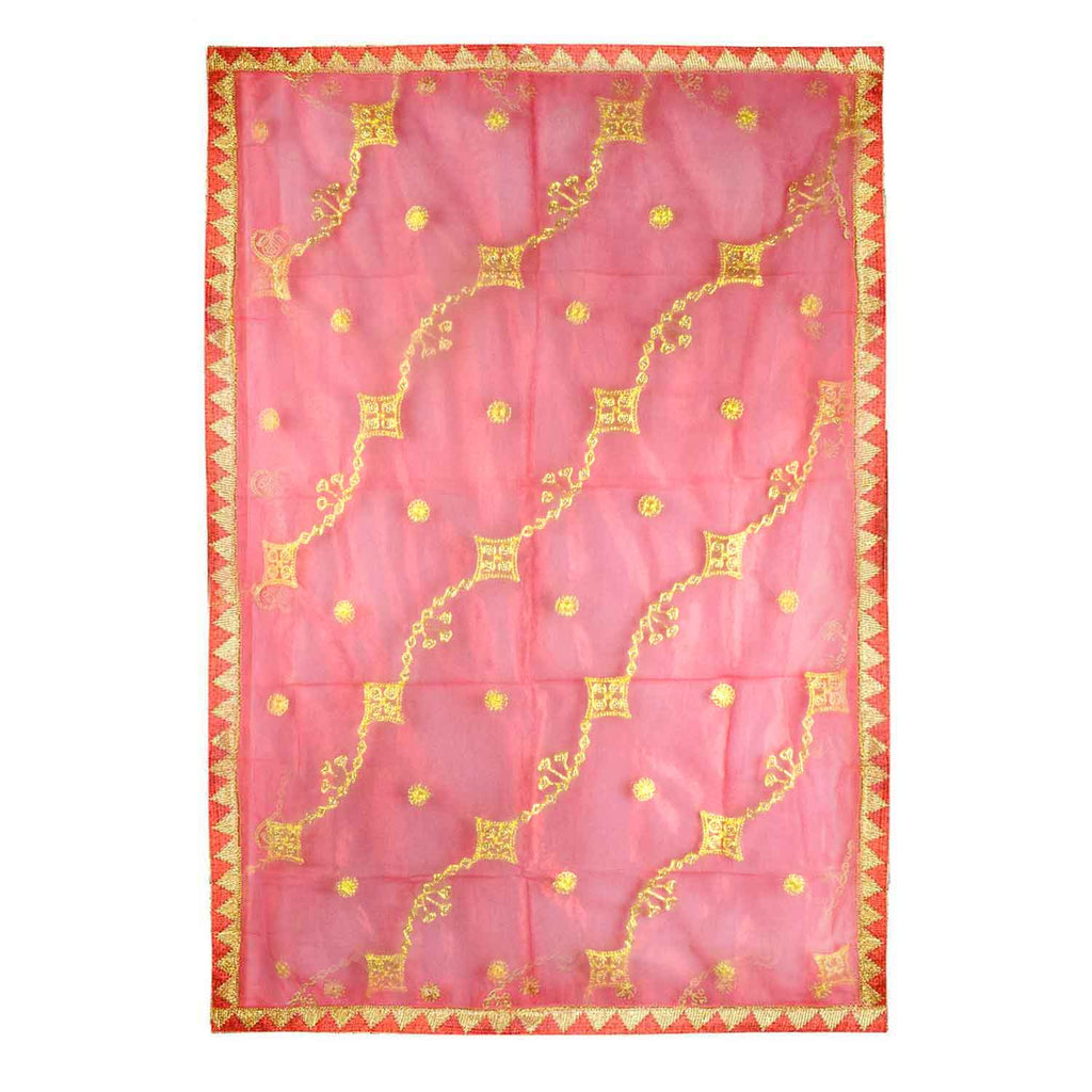 Traditional Pink Pooja Chunri with Golden Embroidered Pattern – 104x218 cm (40.9x85.8 inches), ideal for Hindu rituals, temple decor, and festive celebrations like Diwali and Navratri in the USA.