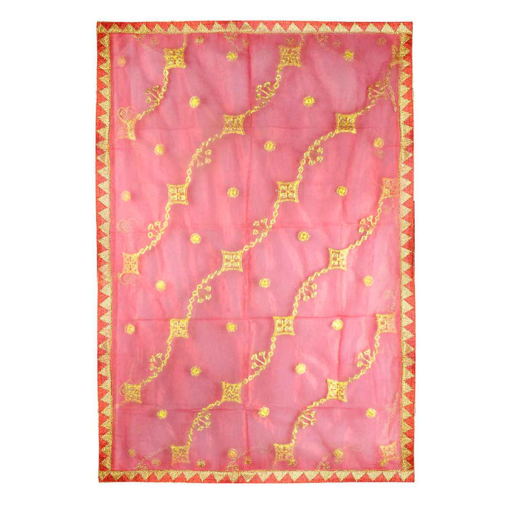 Traditional Pink Pooja Chunri with Golden Embroidered Pattern – 104x218 cm (40.9x85.8 inches), ideal for Hindu rituals, temple decor, and festive celebrations like Diwali and Navratri in the USA.