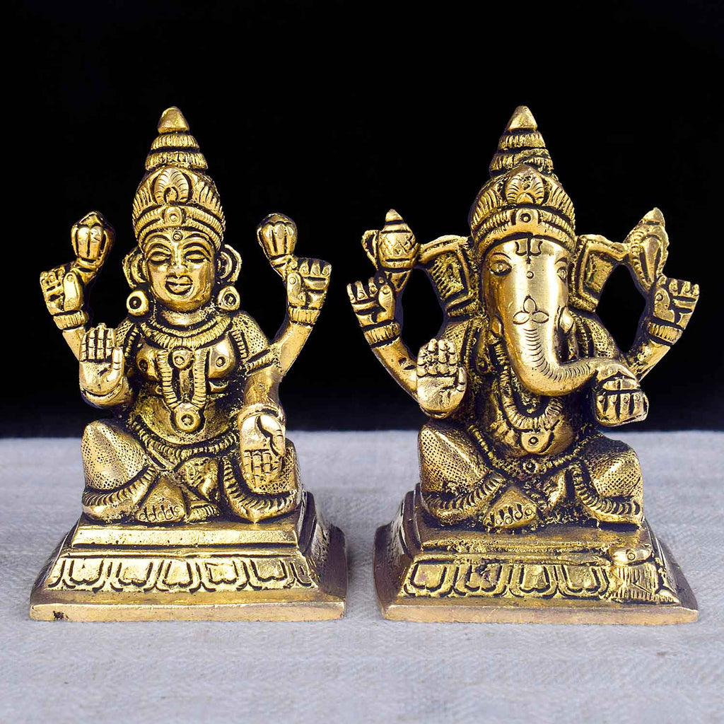 3.4-inch sacred brass Laxmi Ganesh idol, finely crafted to depict Goddess Laxmi and Lord Ganesha together, symbolizing prosperity, wisdom, and auspicious beginnings. Ideal for worship, gifting, or home décor. India’s Largest Pooja Accessories Brand – www.satvikworld.com