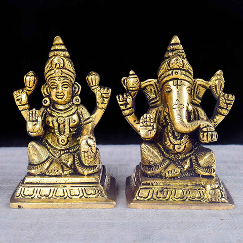 3.4-inch sacred brass Laxmi Ganesh idol, finely crafted to depict Goddess Laxmi and Lord Ganesha together, symbolizing prosperity, wisdom, and auspicious beginnings. Ideal for worship, gifting, or home décor. India’s Largest Pooja Accessories Brand – www.satvikworld.com