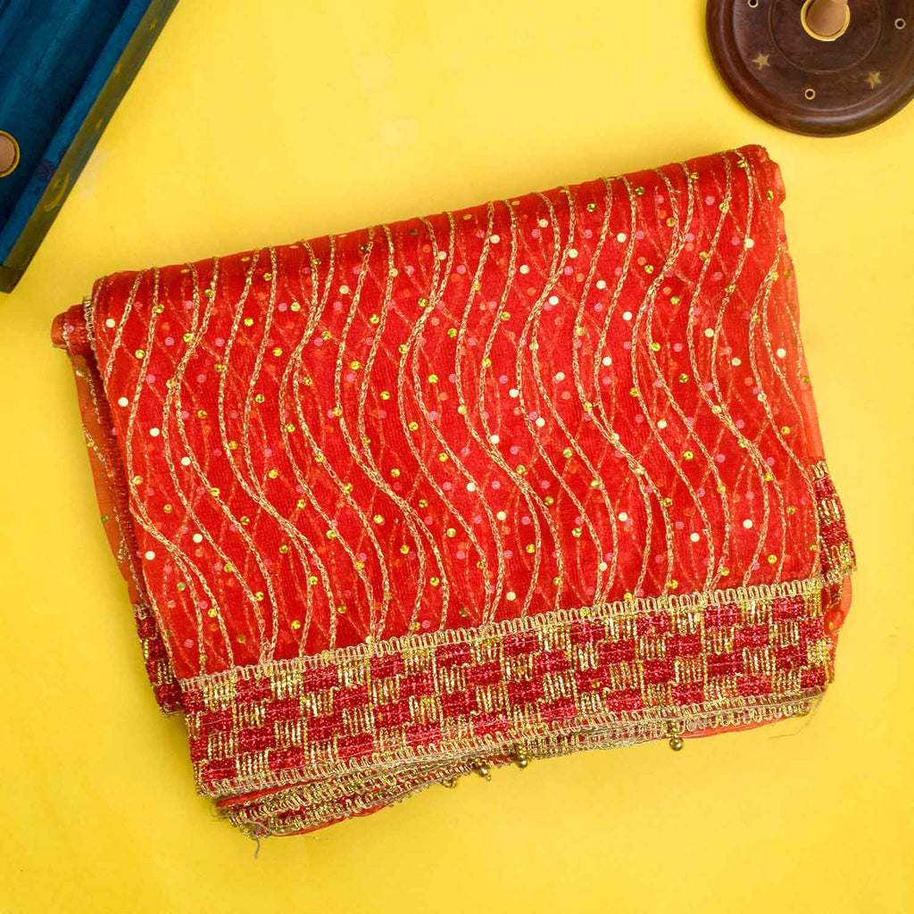 Traditional Pink Pooja Chunri with Golden Wavy Pattern – 104x214 cm (40.9x84.3 inches), perfect for Hindu rituals, temple decor, and festive celebrations like Diwali and Navratri in the USA.