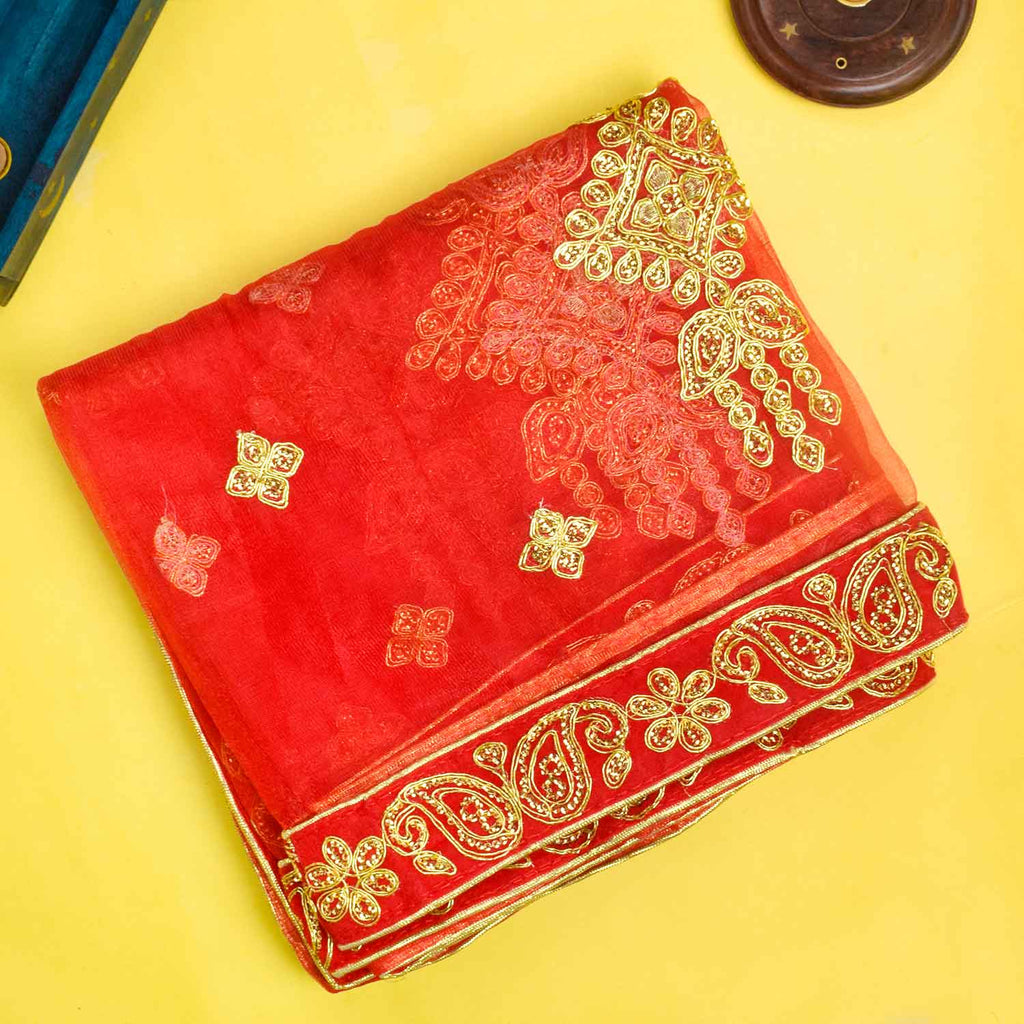 Adorn your pooja altar with this stunning Pink and Gold Mata Chunri, measuring 222 cm x 108 cm. Featuring intricate gold embroidered patterns and a decorative red border, it is perfect for Devi pooja, temple decor, and religious ceremonies during Navratri, Diwali, and other sacred occasions.

Shop now at satvikworld.com for premium Hindu pooja accessories delivered across the USA.