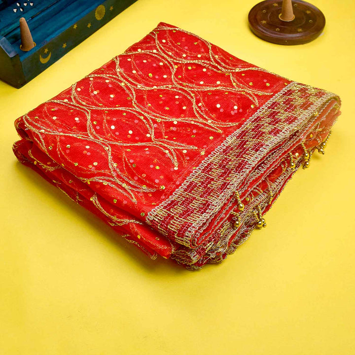 Traditional Pink Pooja Chunri with Golden Floral Starburst Pattern – 108x208 cm (42.5x81.9 inches), ideal for Hindu rituals, temple decor, and festive celebrations like Diwali and Navratri in the USA.