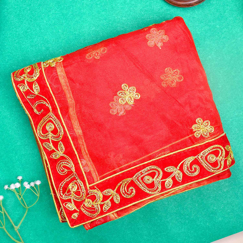 Enhance your pooja altar with this elegant Pink and Gold Mata Chunri, measuring 214 cm x 103 cm. Adorned with intricate gold embroidery and a decorative red border, it is ideal for Devi pooja, temple decor, and religious ceremonies during Navratri, Diwali, and other auspicious events.

Shop now at satvikworld.com for premium Hindu pooja essentials delivered across the USA.