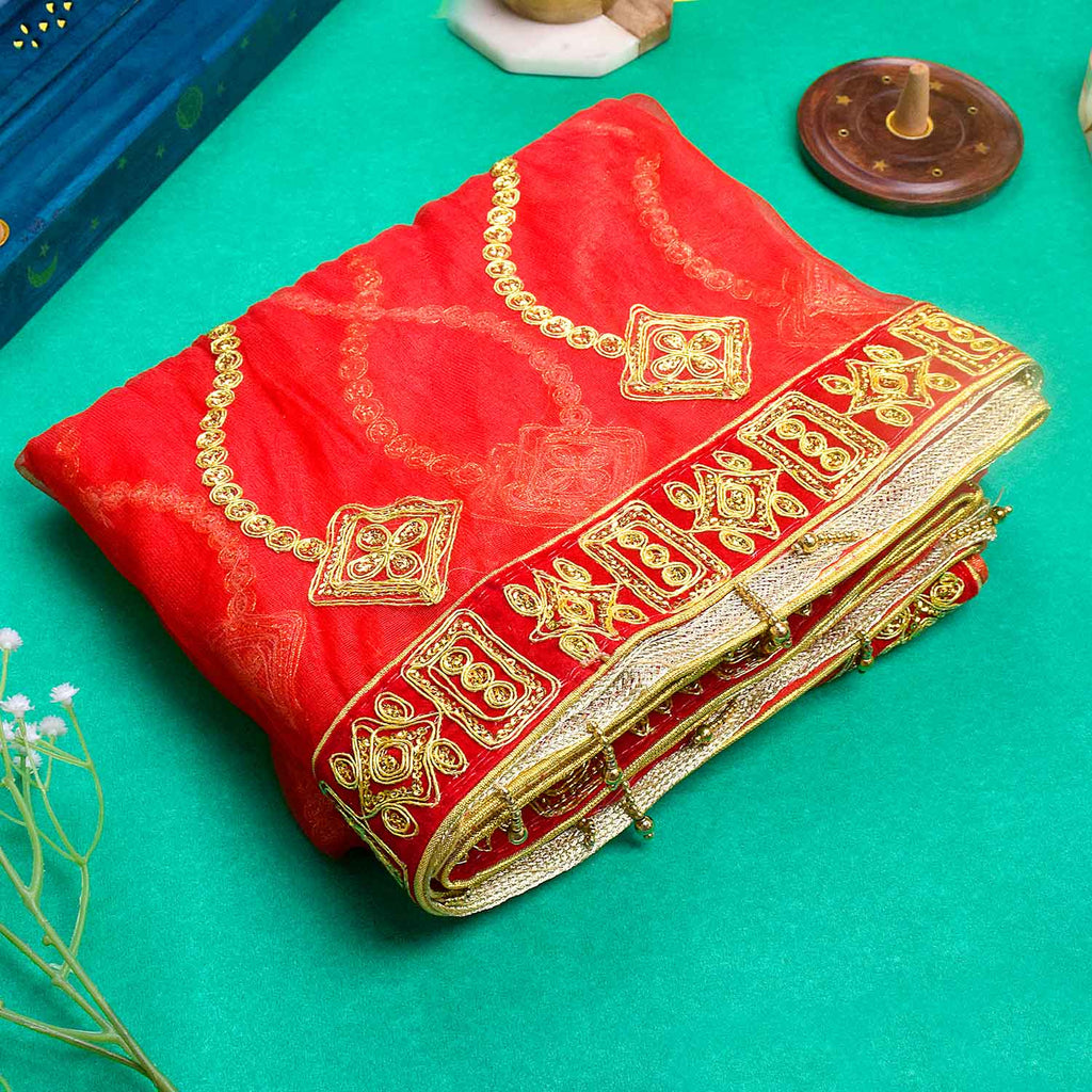 Add grace to your pooja ceremonies with this Pink and Gold Mata Chunri, measuring 214 cm x 102 cm. Adorned with gold wave patterns and a rich red border, it is perfect for Devi pooja, mandir altar decoration, and religious rituals during Navratri, Diwali, and other occasions.

Shop now at satvikworld.com for authentic Indian pooja essentials across the USA.
