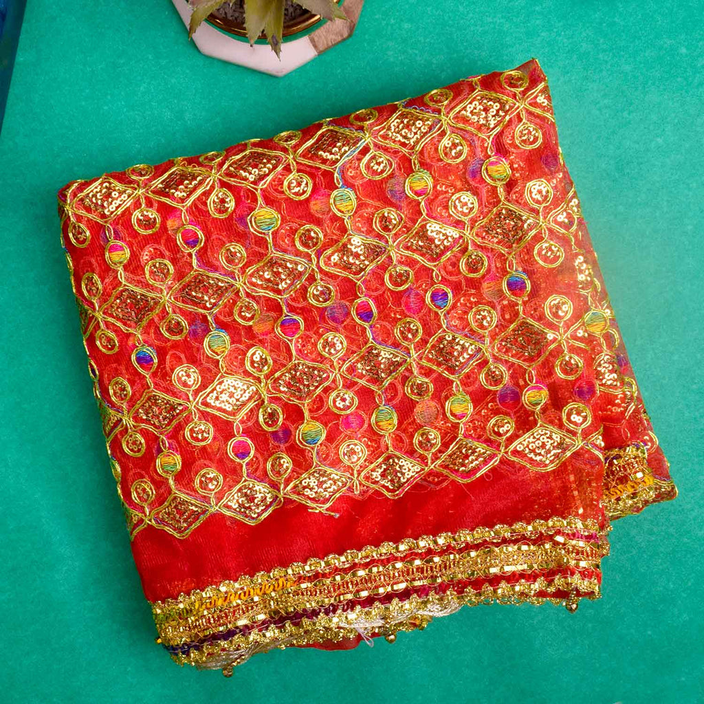 Traditional Pink Pooja Chunri with Golden Embroidered Design – 103x190 cm (40.5x74.8 inches), perfect for Hindu rituals, temple decor, and festive celebrations like Diwali and Navratri in the USA.