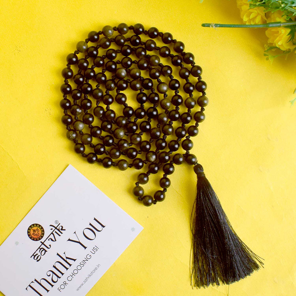 108 Beads Golden Obsidian Hakik Mala – A protective and grounding mala for spiritual strength, healing, and meditation. India’s Premium Hakik Jap Mala Store - www.satvikworld.com
