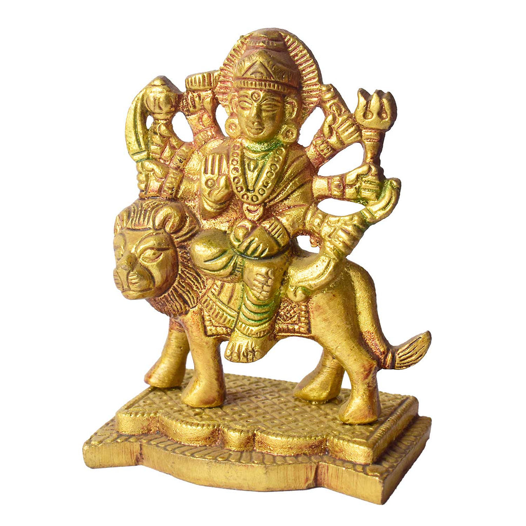3.1 Inch Colored Brass Sherawali Mata Idol with Base – Blessings for Home & Car