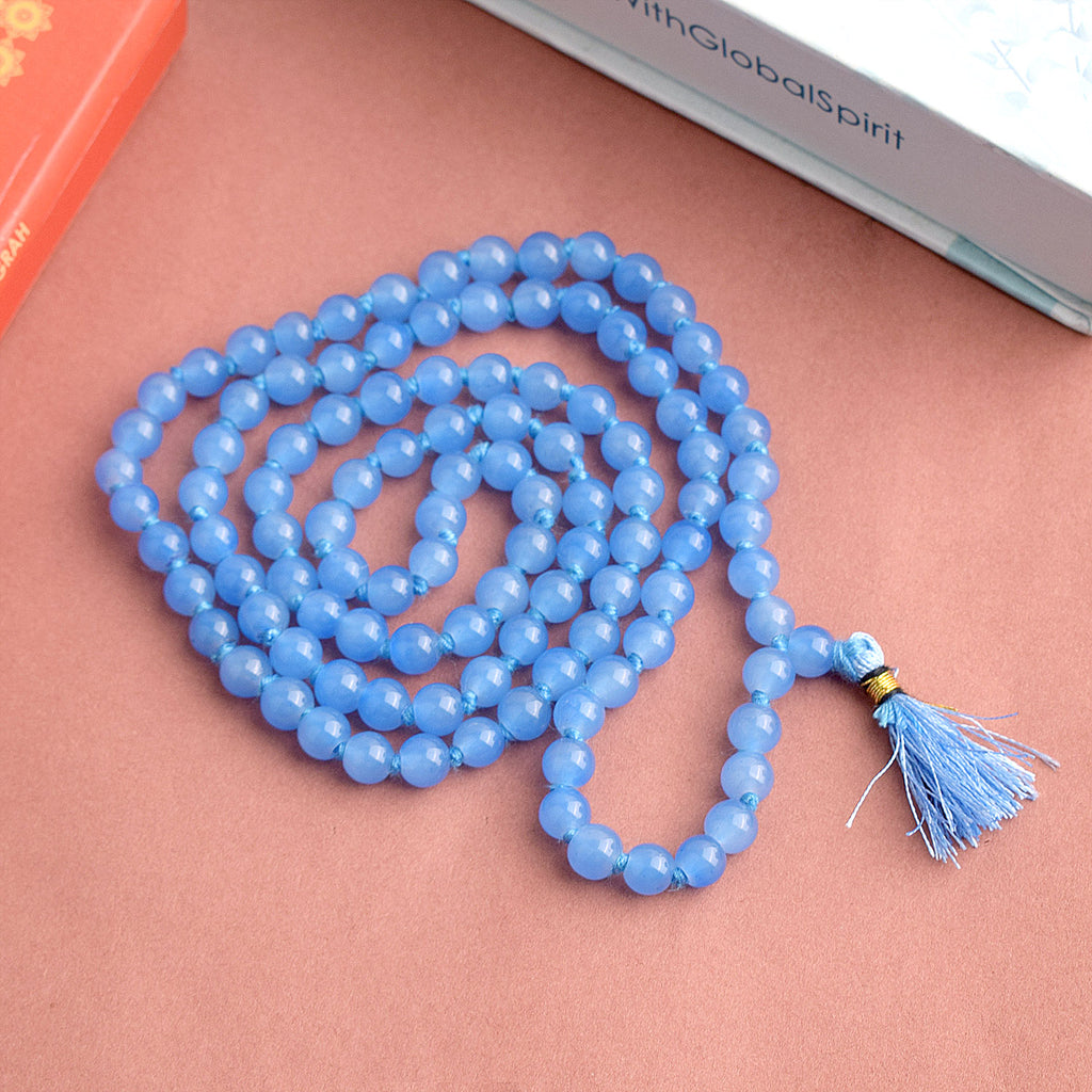Premium Hakik Jap Mala with Blue Calcite Beads – A Spiritual Meditation Mala for Calmness, Communication, and Emotional Healing. India’s Premium Hakik Jap Mala Store - www.satvikworld.com
