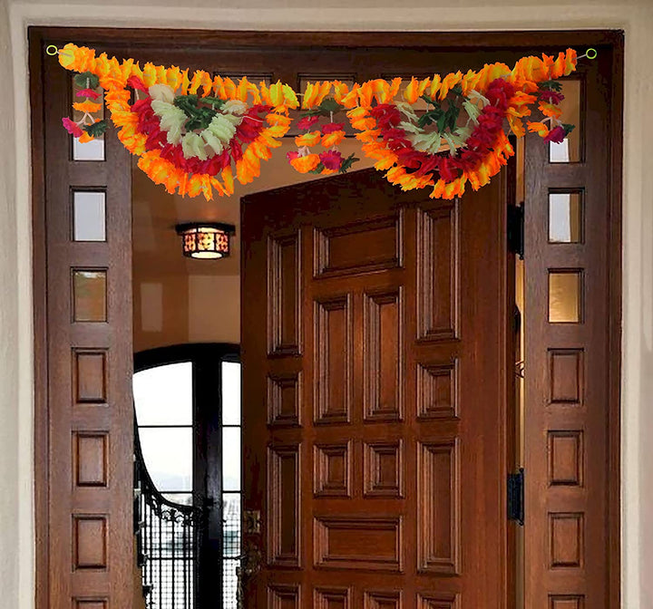 Decorative Artificial Flower Bandarwal Floral Toran (Design-8) with vibrant red and yellow marigold-style flowers, green leaves, and traditional beads — perfect for Indian doorway and festival decor. India’s Largest Pooja Accessories Brand – www.satvikworld.com