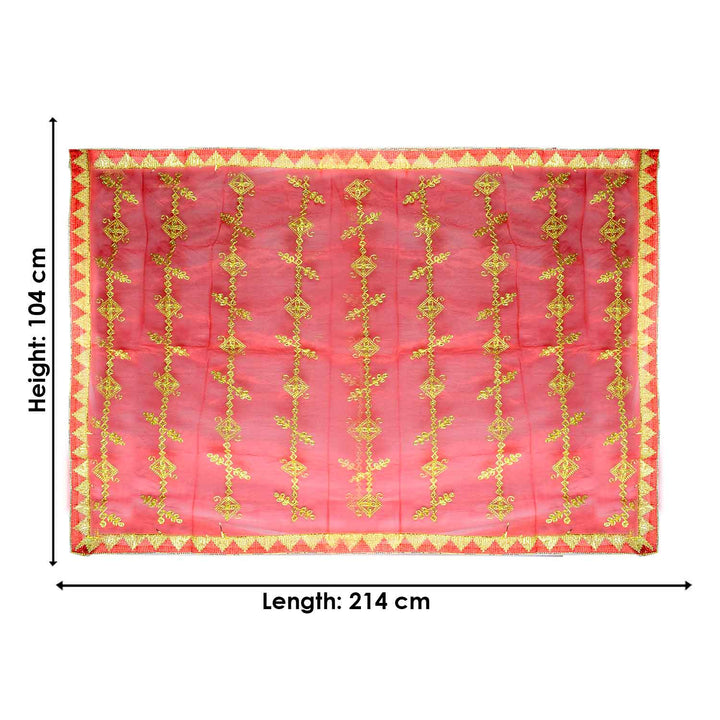 Traditional Pink Pooja Chunri with Golden Embroidered Diamond Chain Motifs – 104x214 cm (40.9x84.3 inches), ideal for Hindu rituals, temple decor, and festive celebrations like Diwali and Navratri in the USA.