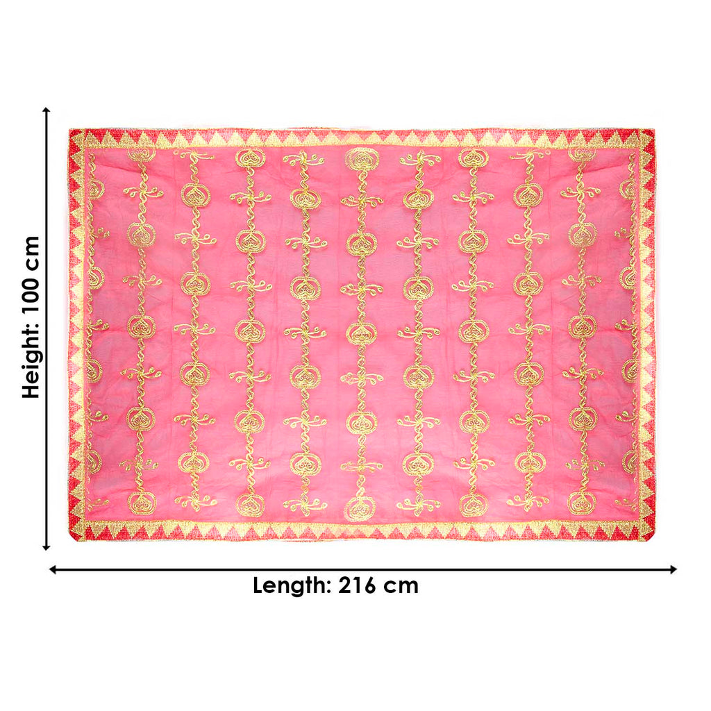 Traditional Pink Pooja Chunri with Golden Embroidery – 100x216 cm (39x85 inches), ideal for Hindu rituals, temple decor, and festive celebrations like Diwali and Navratri in the USA.