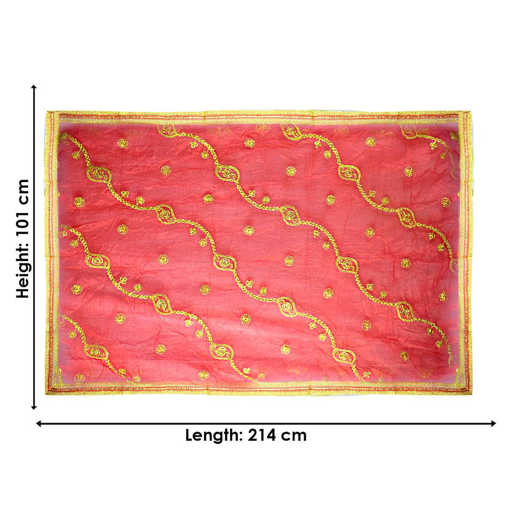 Traditional Pink Pooja Chunri with Golden Embroidered Wavy Chain Motifs – 101x214 cm (39.8x84.3 inches), ideal for Hindu rituals, temple decor, and festive celebrations like Diwali and Navratri in the USA.