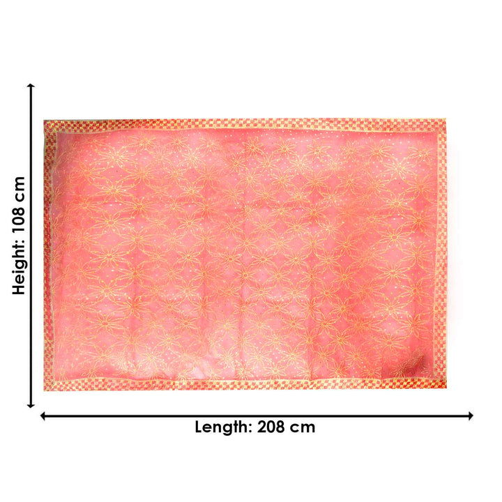 Traditional Pink Pooja Chunri with Golden Floral Starburst Pattern – 108x208 cm (42.5x81.9 inches), ideal for Hindu rituals, temple decor, and festive celebrations like Diwali and Navratri in the USA.
