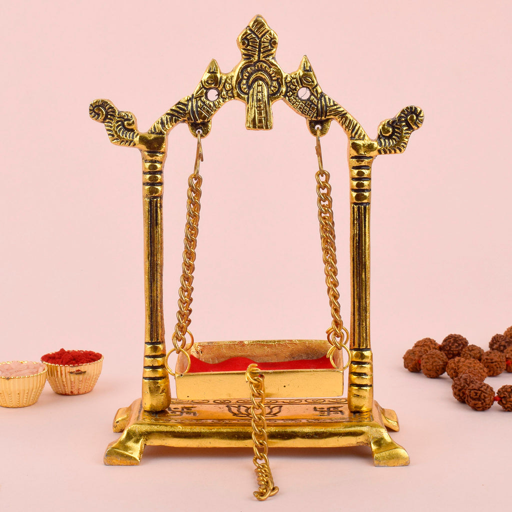 Elegant Metal Laddu Gopal Jhula for Janmashtami – intricately crafted swing for Bal Gopal idol, perfect for pooja decor and festival celebrations. India’s Largest Pooja Accessories Brand – www.satvikworld.com