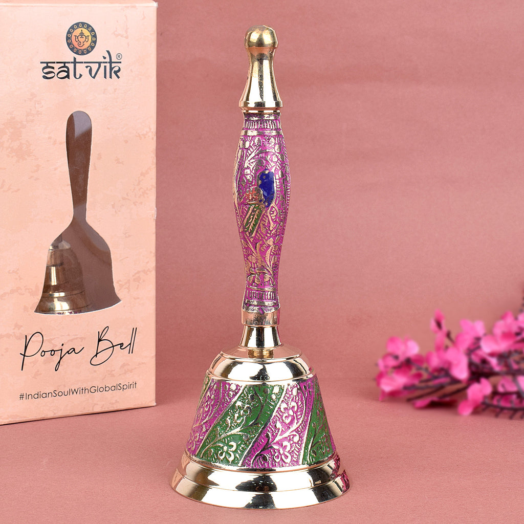 Elegant handcrafted brass puja bell with dual-tone pink and green enamel finish, perfect for traditional rituals and daily worship. India’s Largest Pooja Accessories Brand – www.satvikworld.com