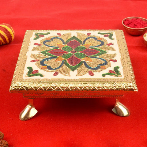 Elegantly crafted wooden chowki with beautiful Meenakari work and floral designs for pooja and home decor. India’s Largest Pooja Accessories Brand – www.satvikworld.com
