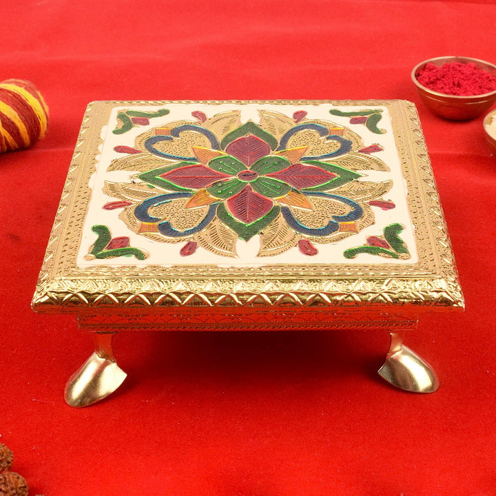 Elegantly crafted wooden chowki with beautiful Meenakari work and floral designs for pooja and home decor. India’s Largest Pooja Accessories Brand – www.satvikworld.com

