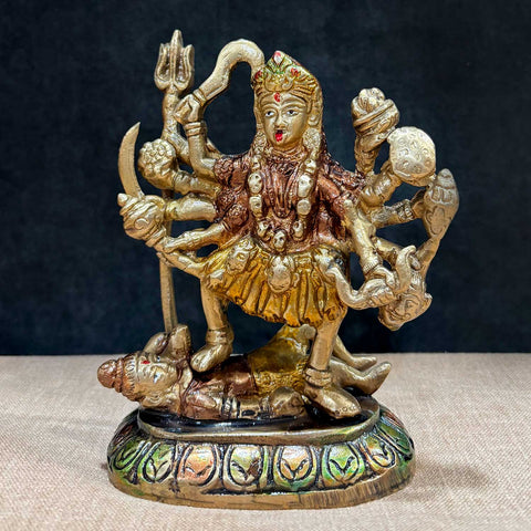 6 inch handcrafted brass Kali Mata idol, depicting the goddess stepping on a demon with intricate engravings, symbolizing power and protection. India’s Largest Pooja Accessories Brand – www.satvikworld.com
