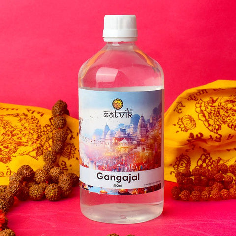 A bottle of Ganga Jal (Holy Water) sourced from the sacred Ganges River, used for purification and rituals in Hindu pooja ceremonies. India’s Largest Pooja Accessories Brand – www.satvikworld.com