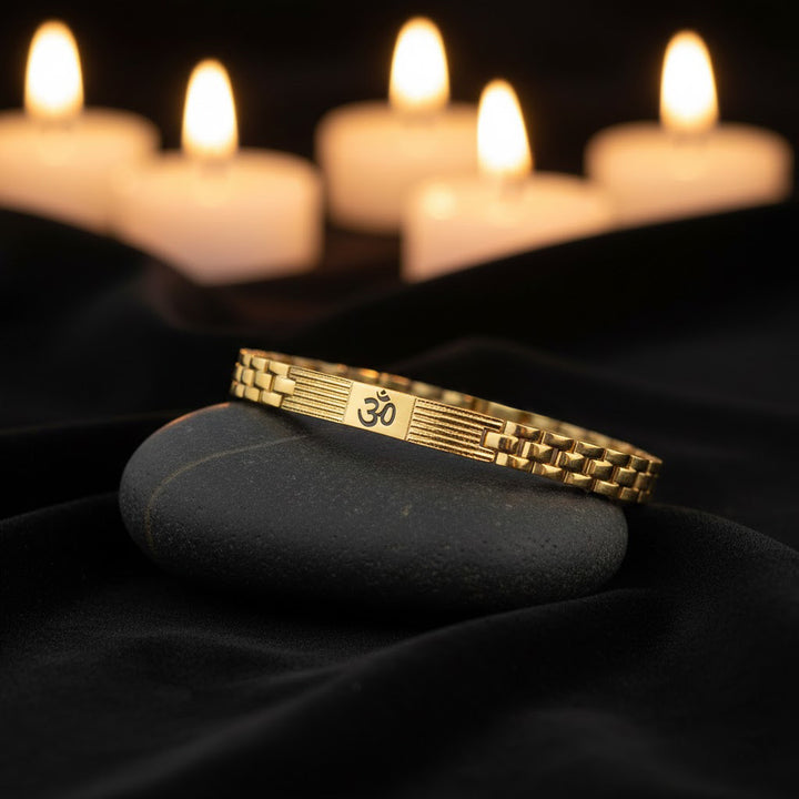 Gold Plated Om Bracelet with premium IGP coating featuring sacred Om symbol – spiritual adjustable bracelet for daily wear and meditation. India’s Largest Pooja Accessories Brand - www.satvikworld.com